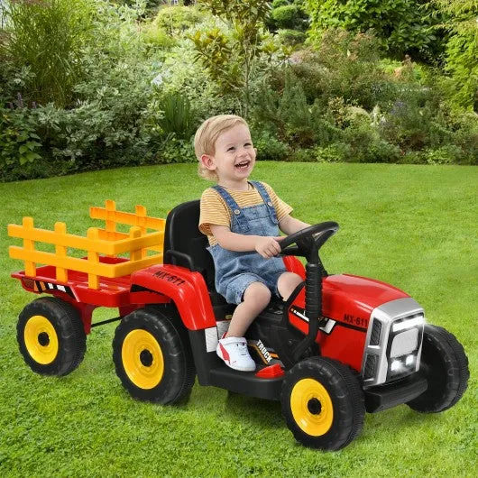 12V Kids Ride On Tractor with Trailer Ground Loader-Red