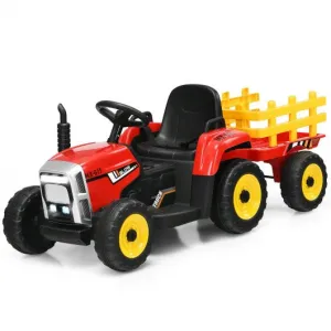 12V Kids Ride On Tractor with Trailer Ground Loader-Red