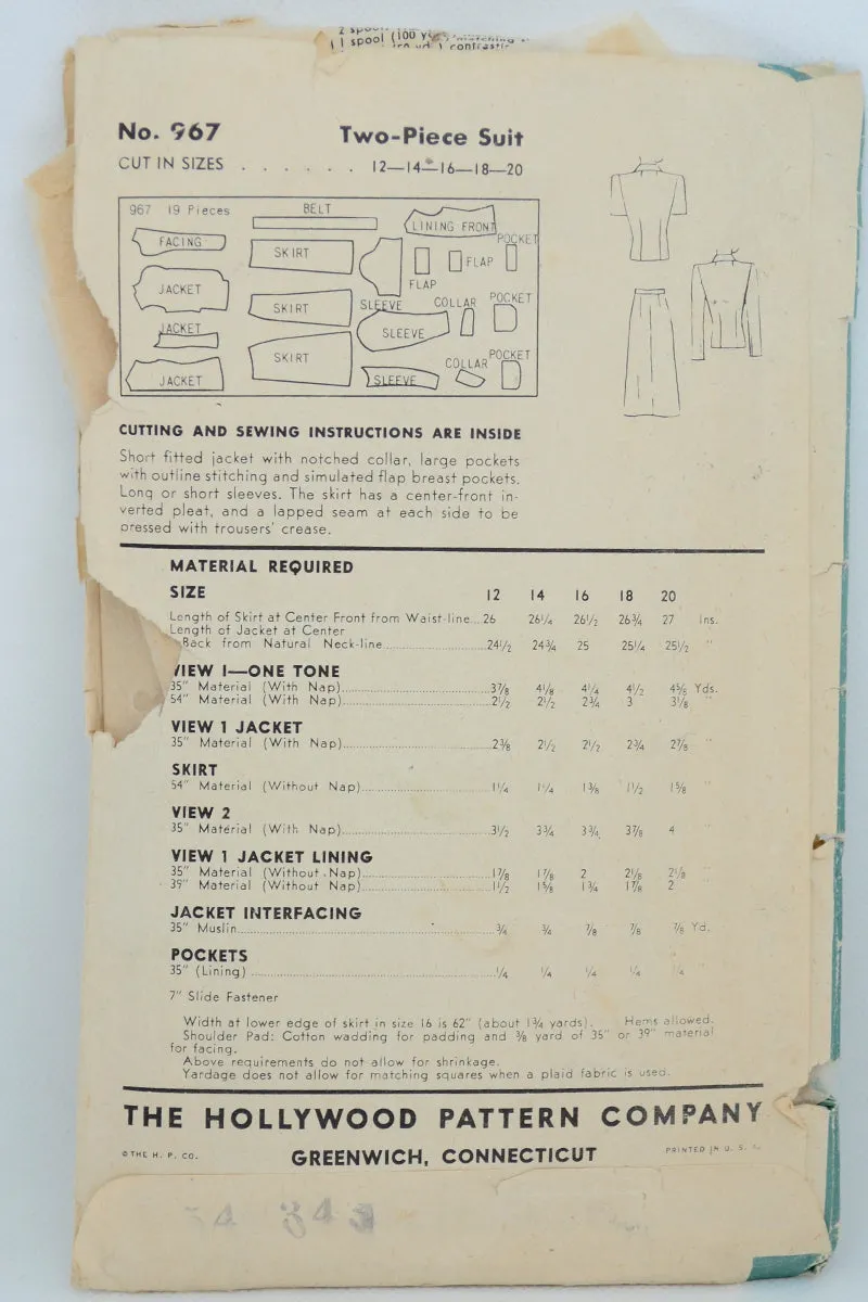 1940s Hollywood 967 sewing pattern Marjorie Woodworth Skirt & Jacket Suit