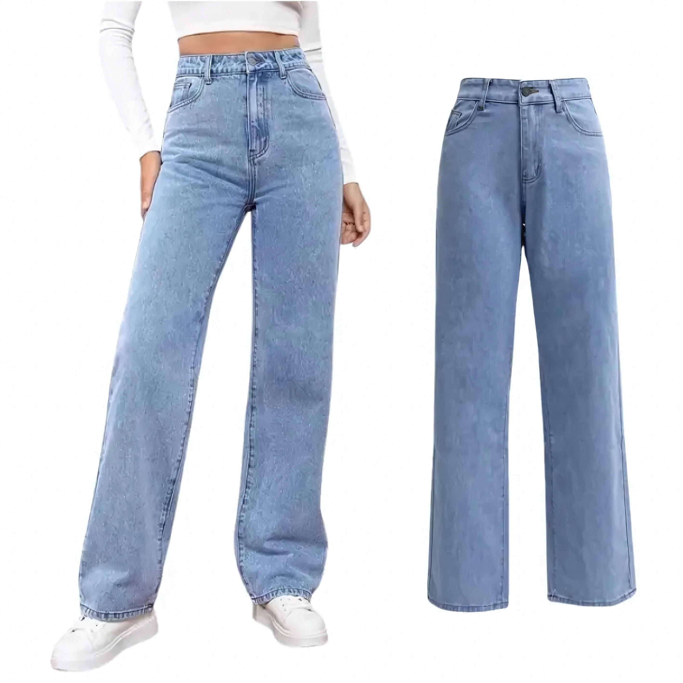 2PCS Vintage High Waist Loose and Stretchy Denim Pants