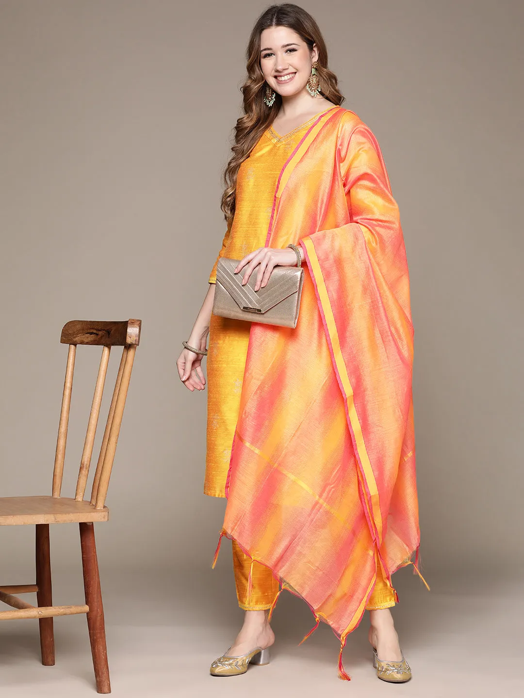 Anubhutee Women's Yellow Gold Printed Sequinned Kurta Set with Trousers and Dupatta