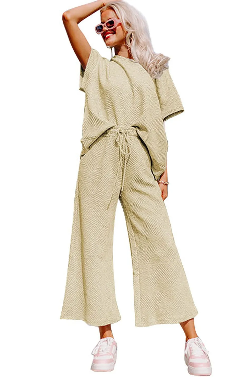 Apricot Ribbed Casual Two-Piece Set with Loose-Fit Tee and Drawstring Pants