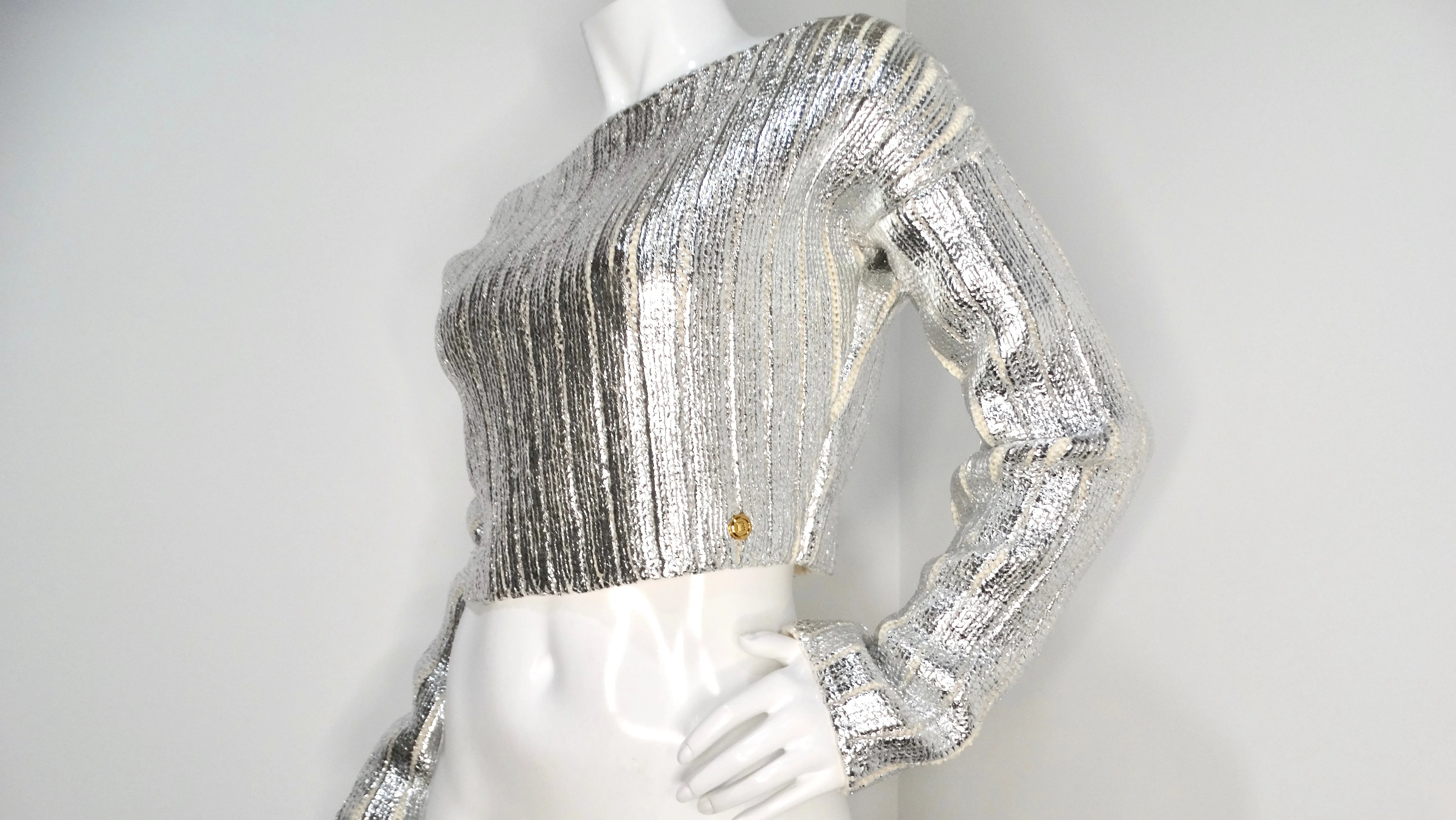 Balmain Silver Metallic Cropped Knit Sweater