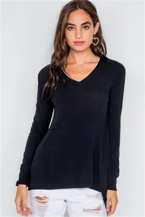 Black Knit V-Neck Casual Solid Long Sleeve Sweater