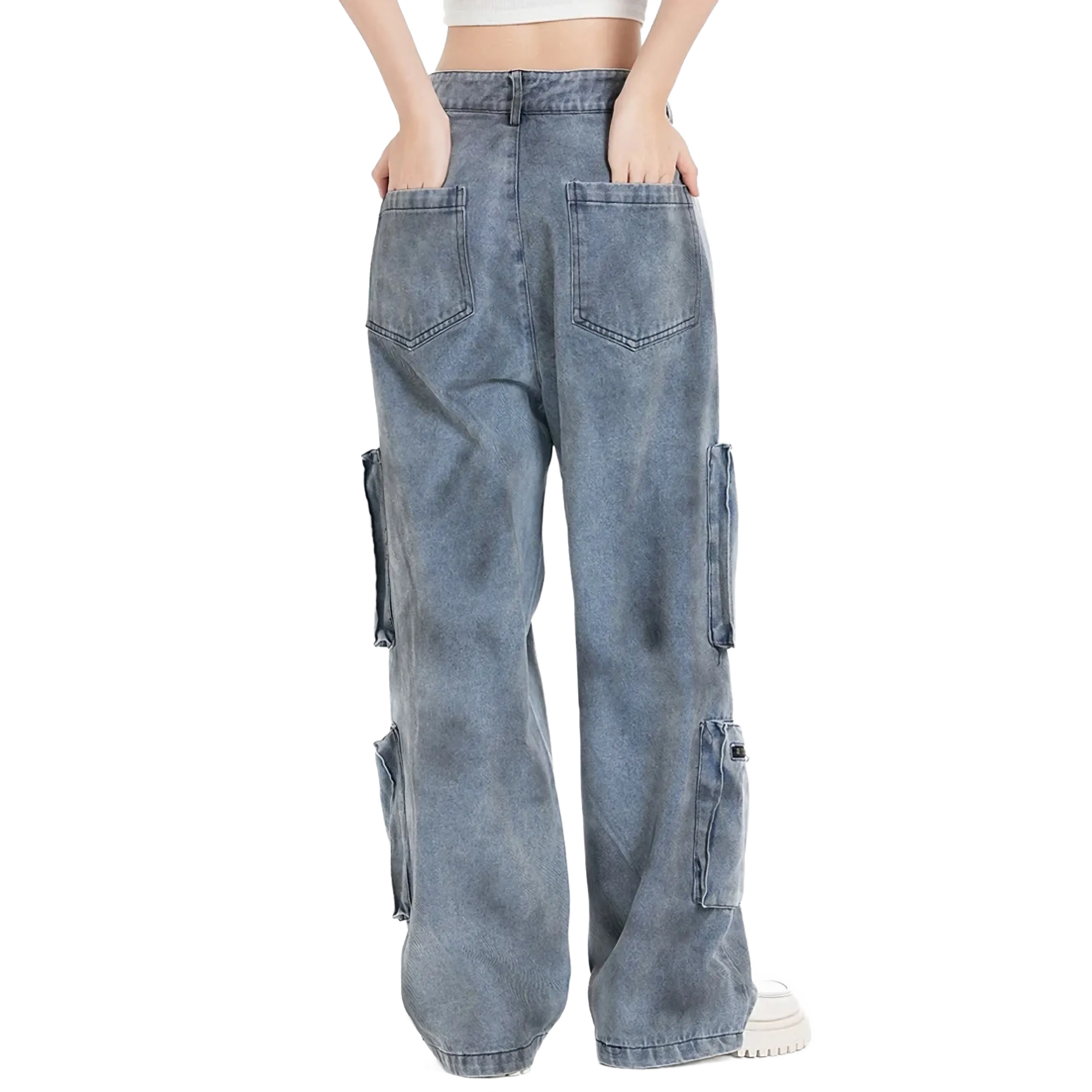 Blue Cargo Pocket Wide-Leg Jeans