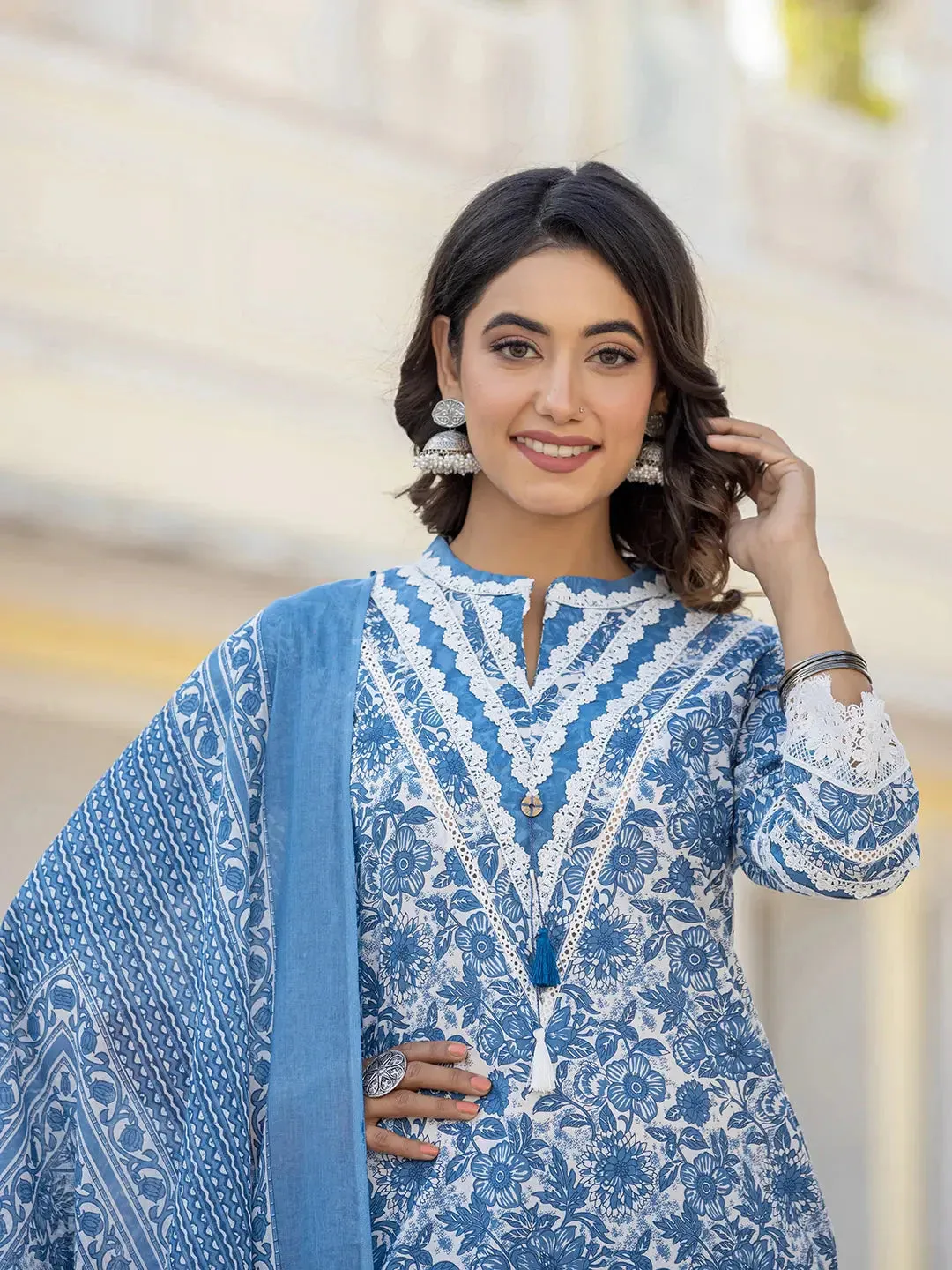 Blue Lacework Pakistani Style Kurta Trouser And Dupatta Set