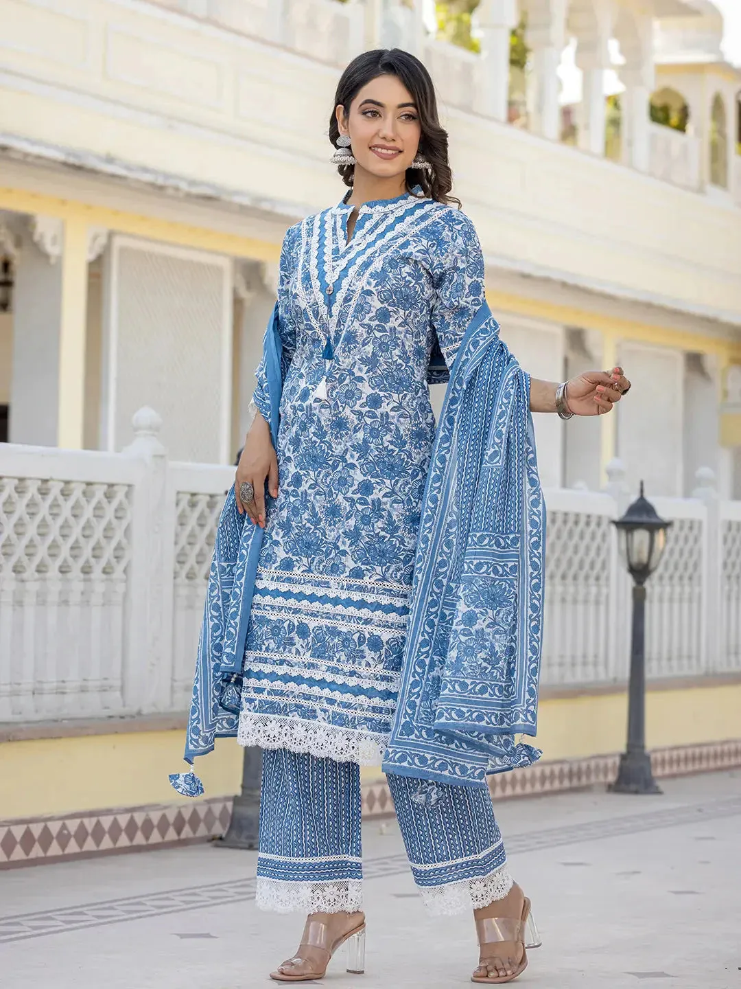 Blue Lacework Pakistani Style Kurta Trouser And Dupatta Set