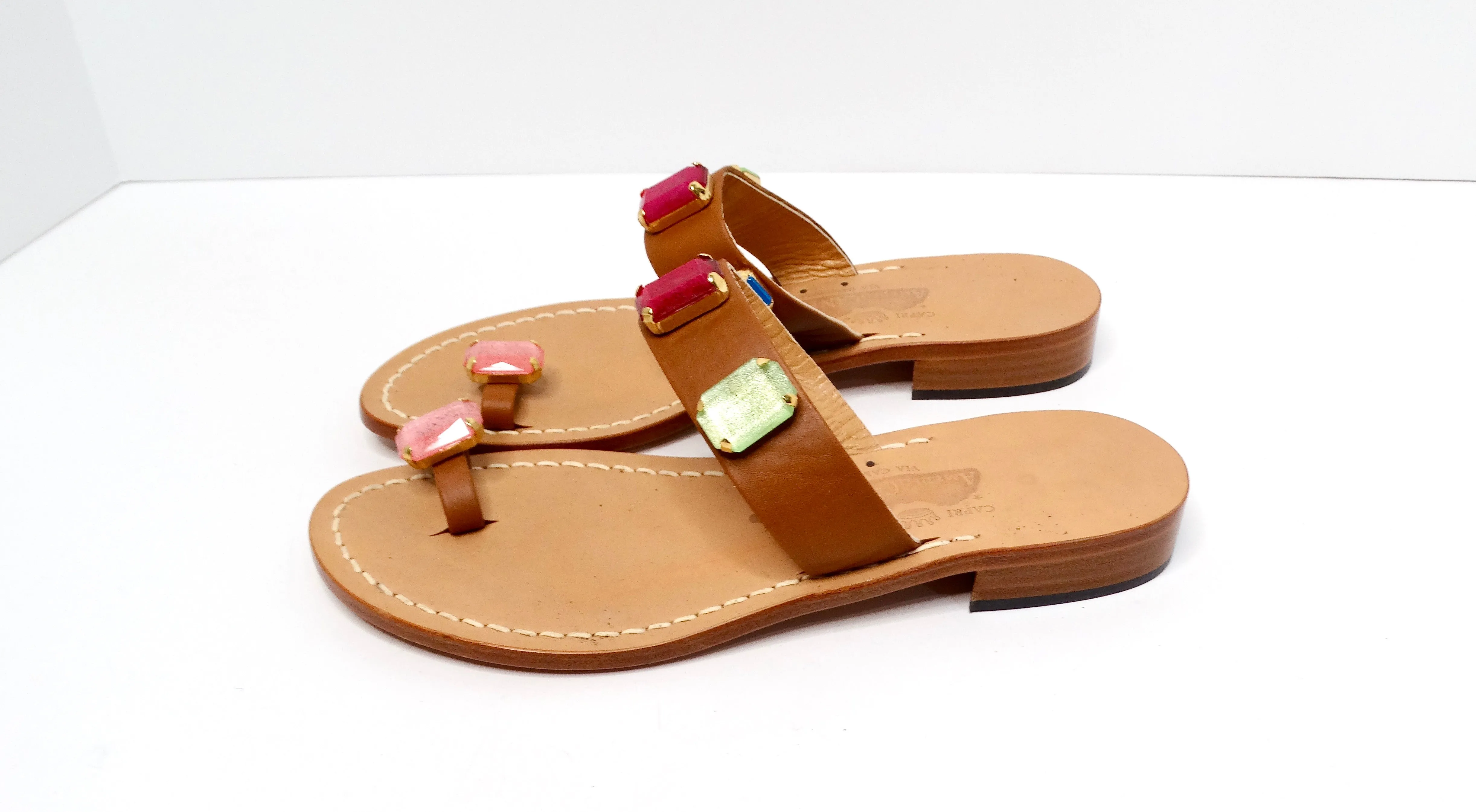 Brown Leather Sandals With Colorful Faux Gemstone Accents