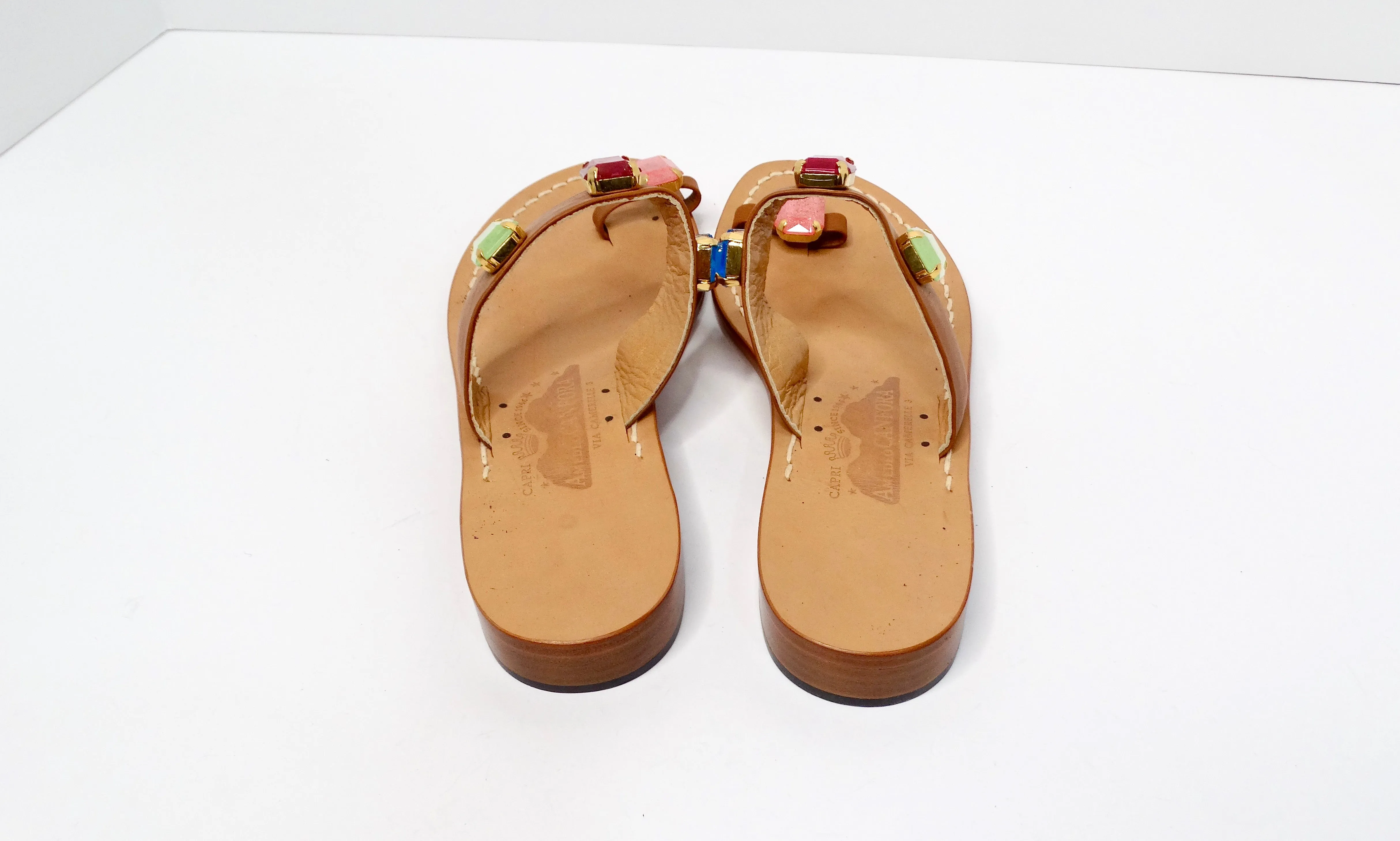 Brown Leather Sandals With Colorful Faux Gemstone Accents