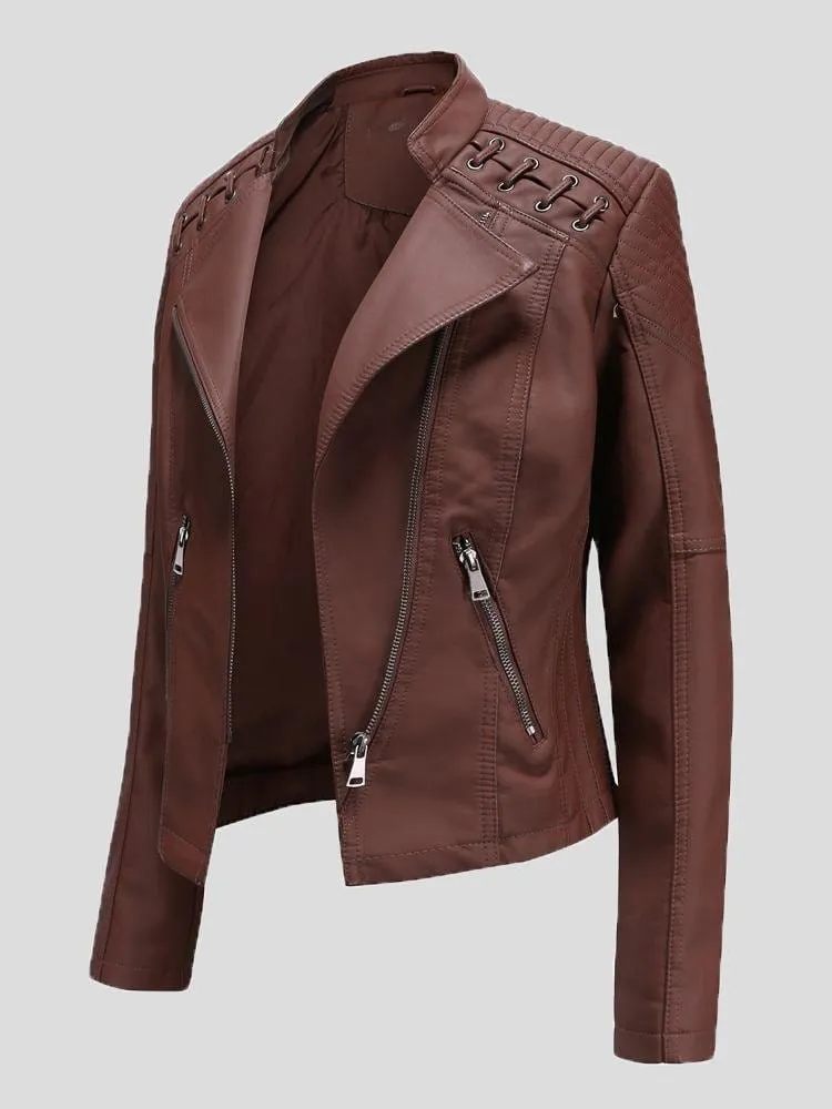 Brown Leatherette Jacket with Quilted Shoulders