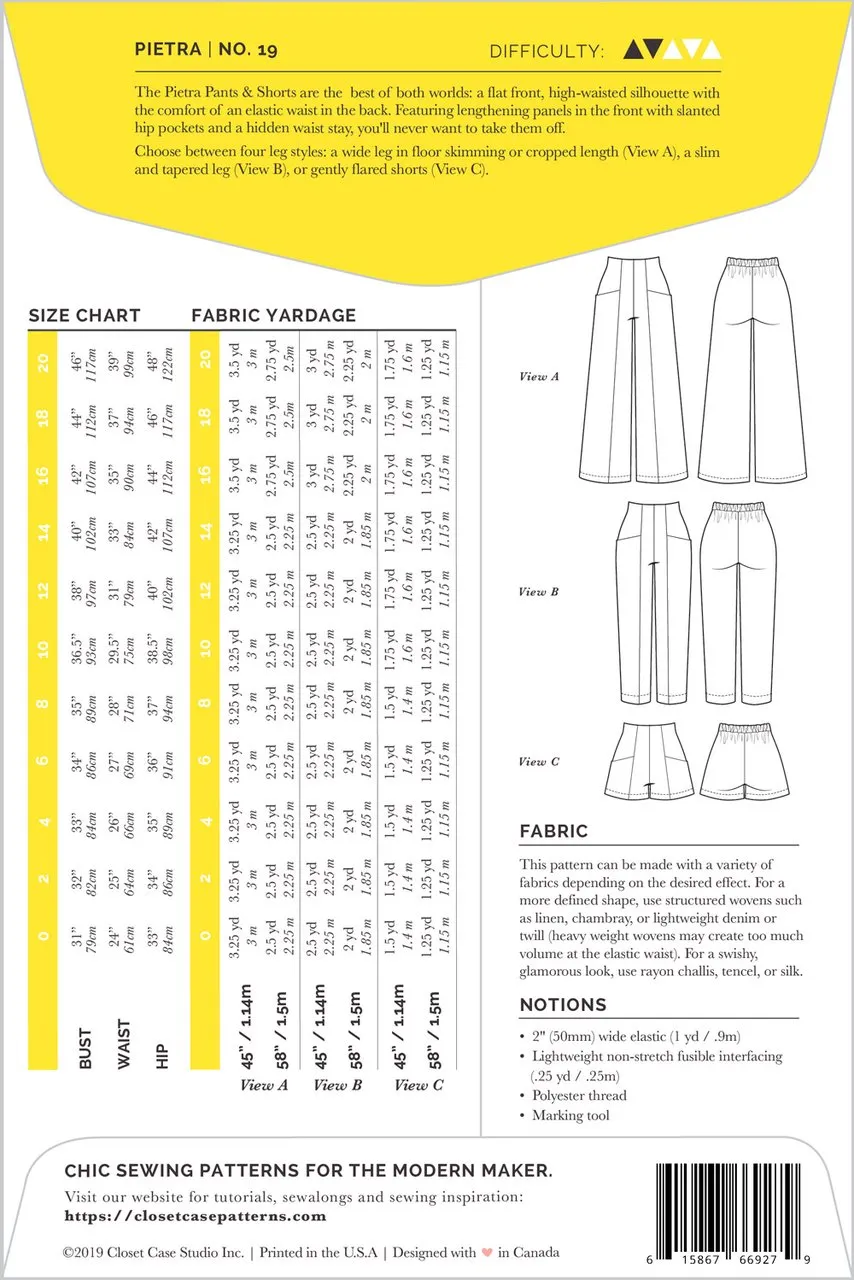 Closet Core Patterns - Pietra Trousers & Shorts