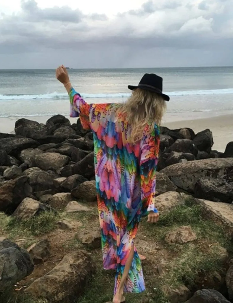 Colorful Feather Beach Long Kimono Swim Cover Up