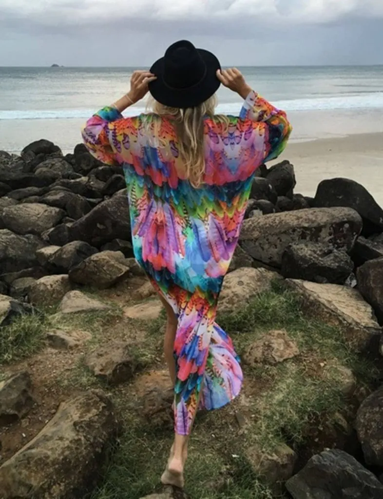 Colorful Feather Beach Long Kimono Swim Cover Up