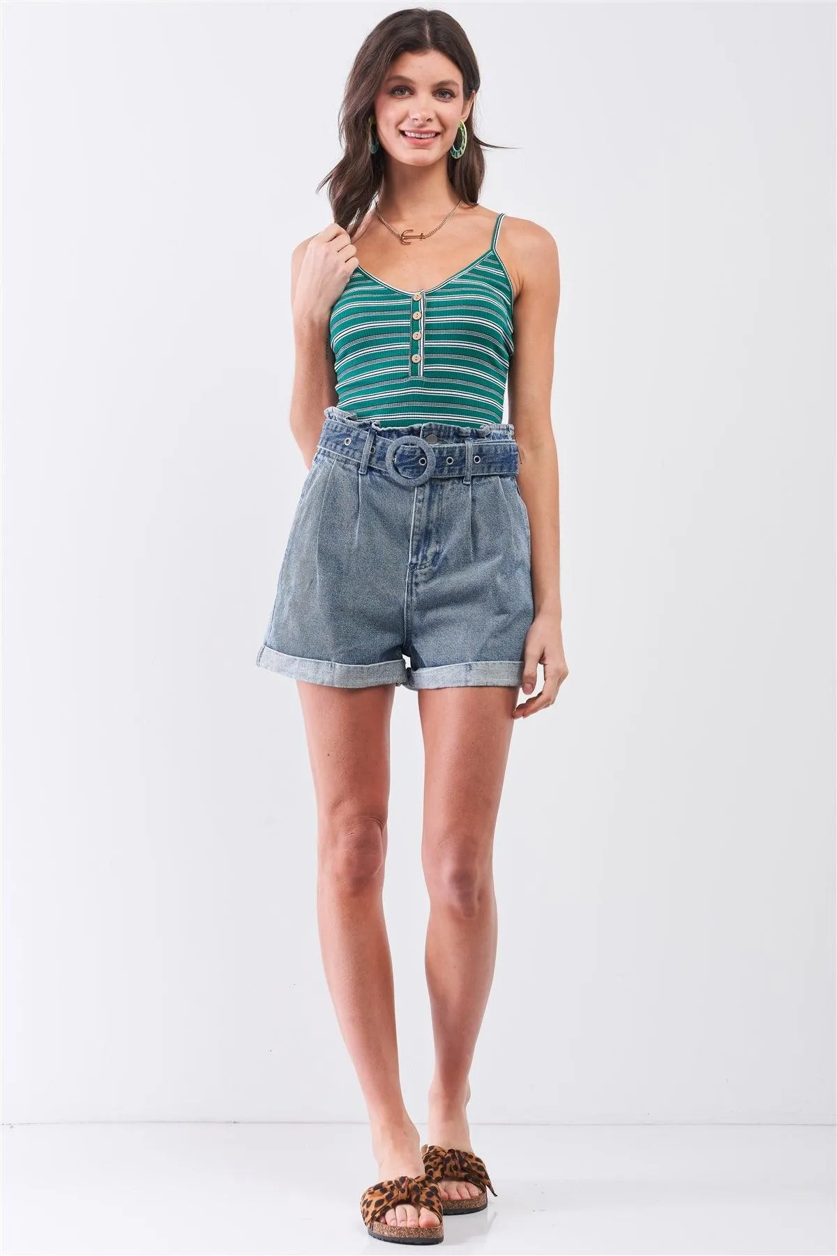 Dark Washed Denim Vintage High-Waisted Round Buckle Belt Folded Hem Shorts /3-2-1