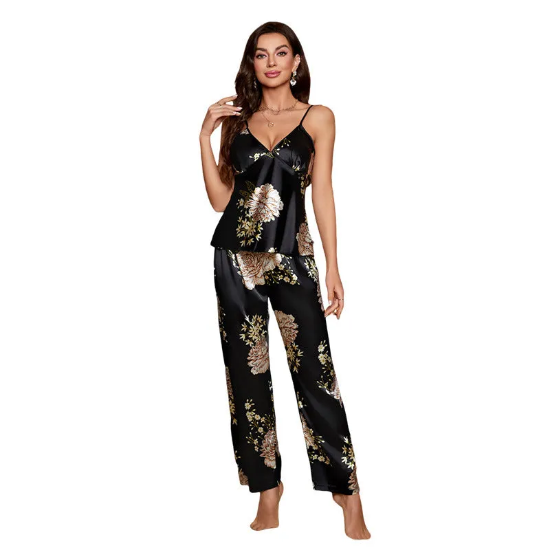 Floral Printed Silk Pajamas Set Deep Neck Ladies Silk Sleepwear For Women