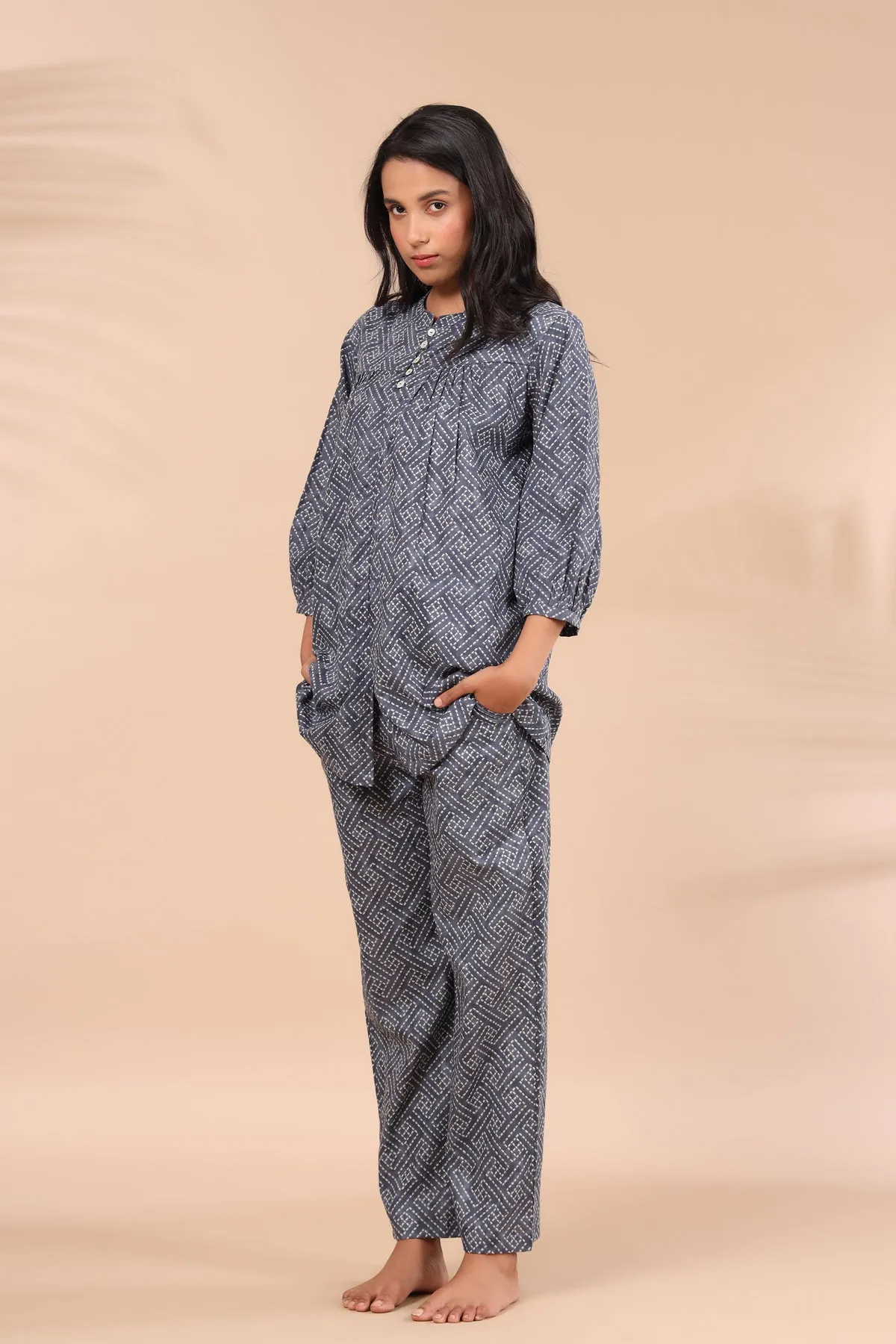 Geometrical Weaves on Charcoal Loungewear Top Set