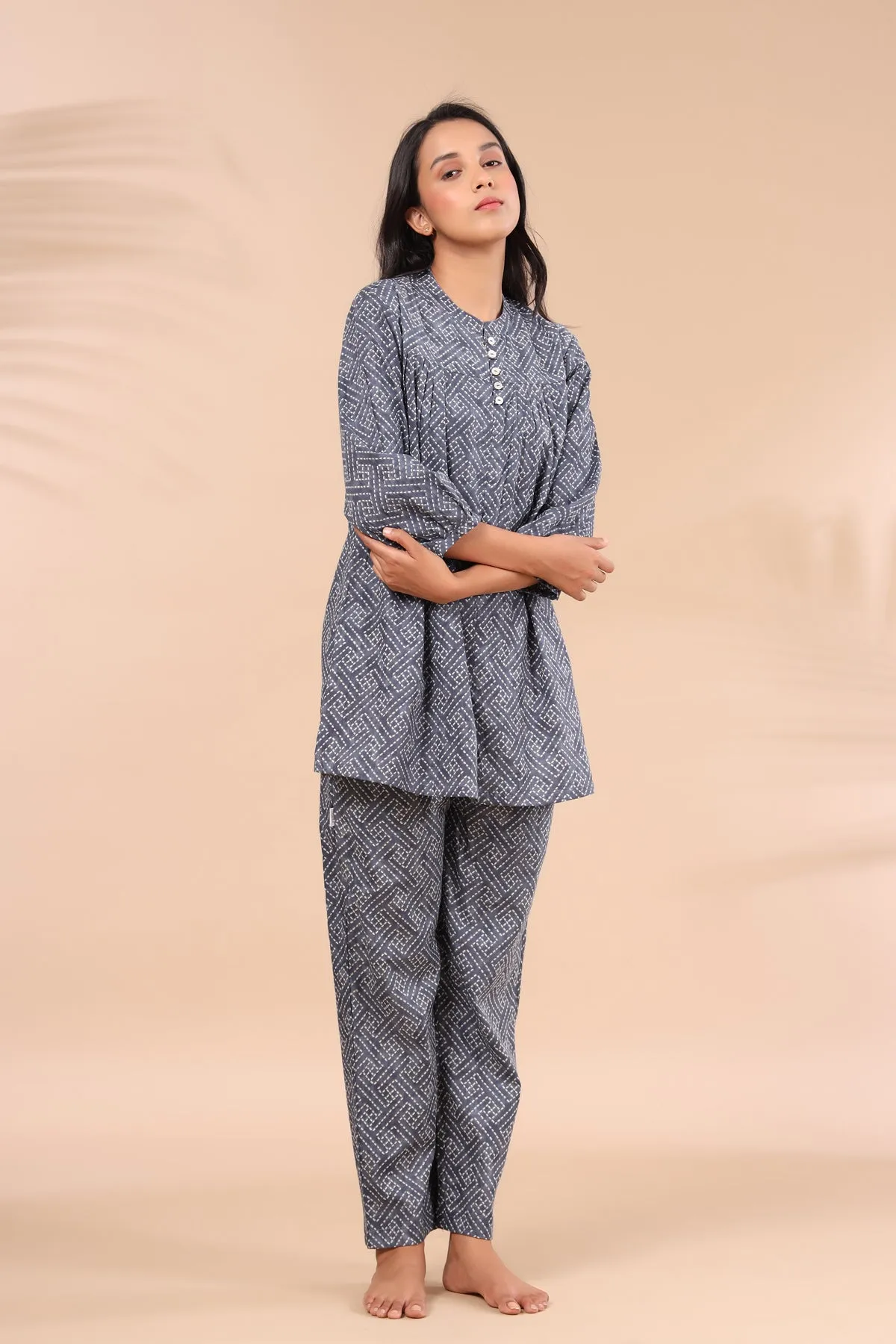 Geometrical Weaves on Charcoal Loungewear Top Set