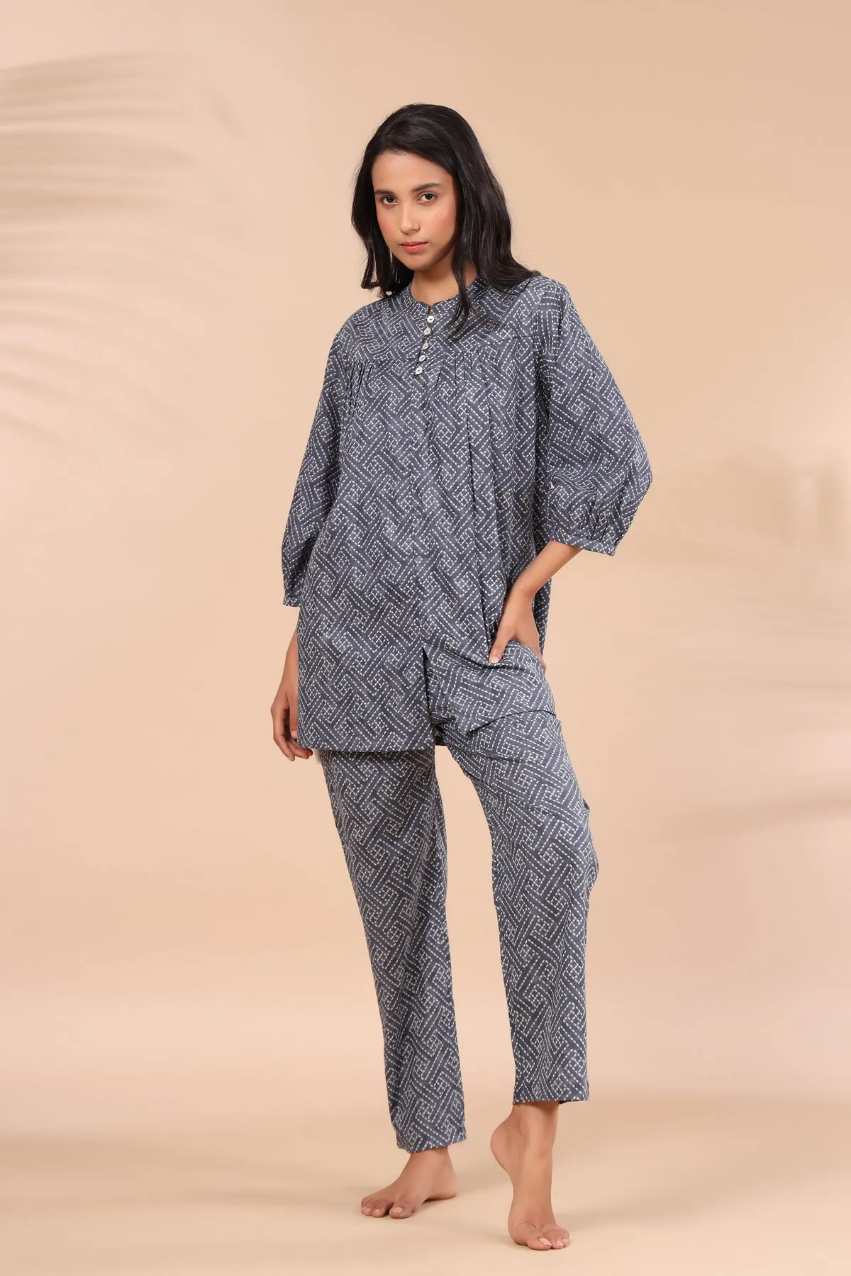 Geometrical Weaves on Charcoal Loungewear Top Set