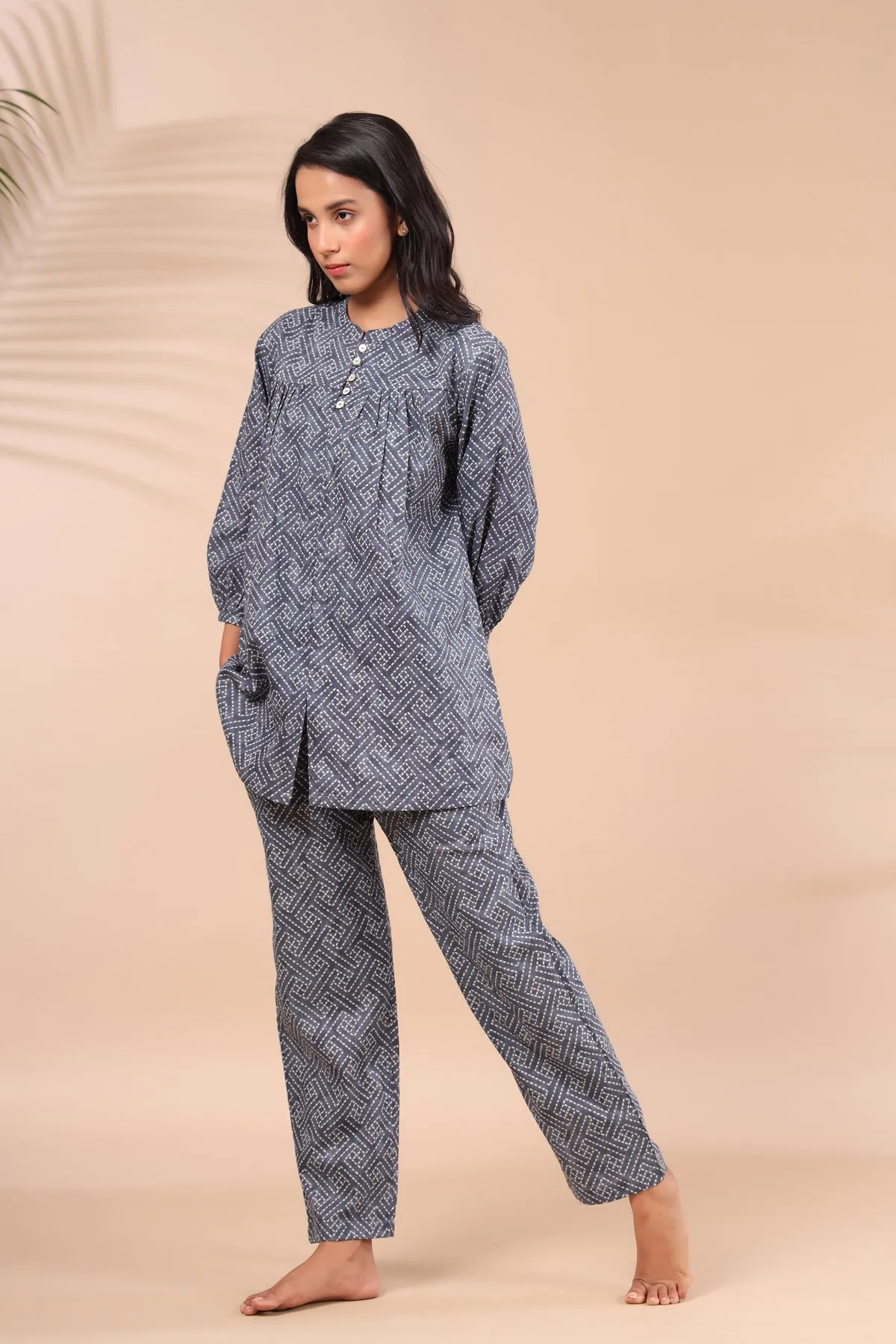 Geometrical Weaves on Charcoal Loungewear Top Set