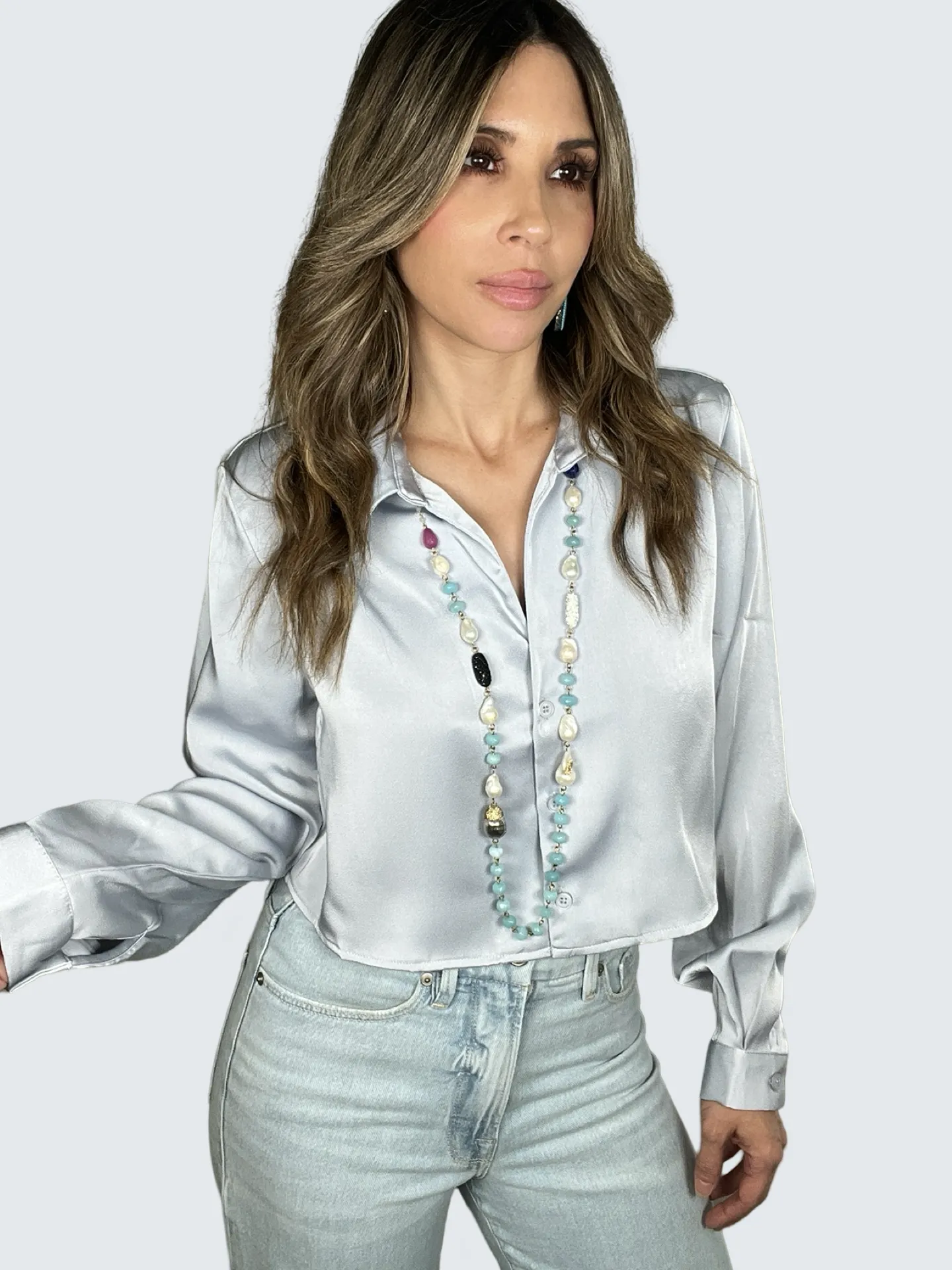 Gray Cropped Satin Blouse