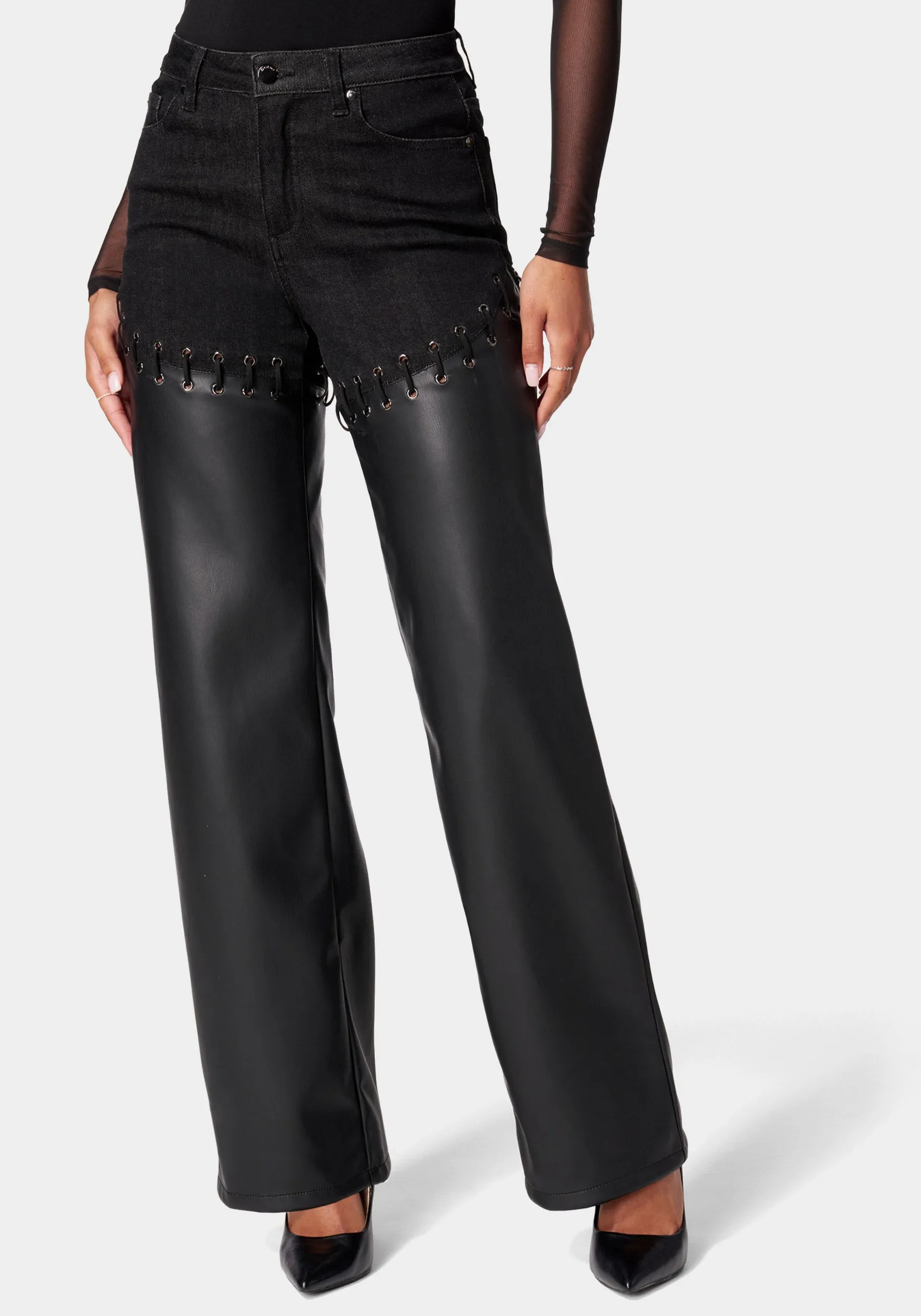 High Waist Denim Combo Vegan Leather Wide Leg Pant