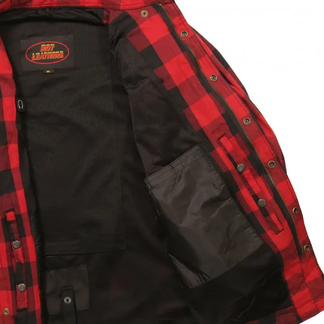 Hot Leathers JKM3003 Men's Red and Black Armored Flannel Motorcycle Shirt-Jacket w/ CE Armor Protection