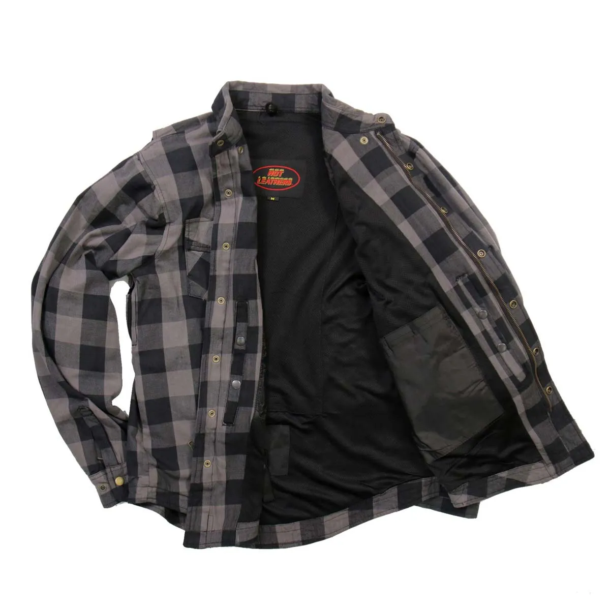 Hot Leathers JKM3004 Men's Grey and Black Armored Flannel Motorcycle Shirt-Jacket w/ CE Armor Protection