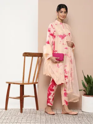 Jashvi Muslin Tie and dye Printed Kurta Pant Set with Organza Dupatta