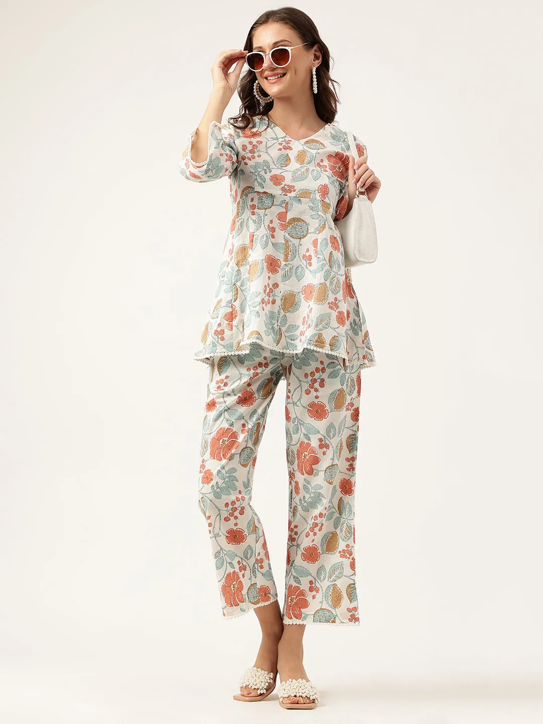 Jashvi Women Floral Printed Pure Cotton Tunic With Trousers