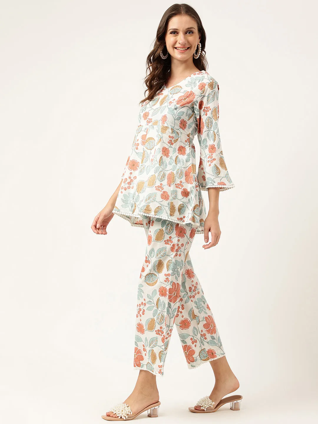 Jashvi Women Floral Printed Pure Cotton Tunic With Trousers