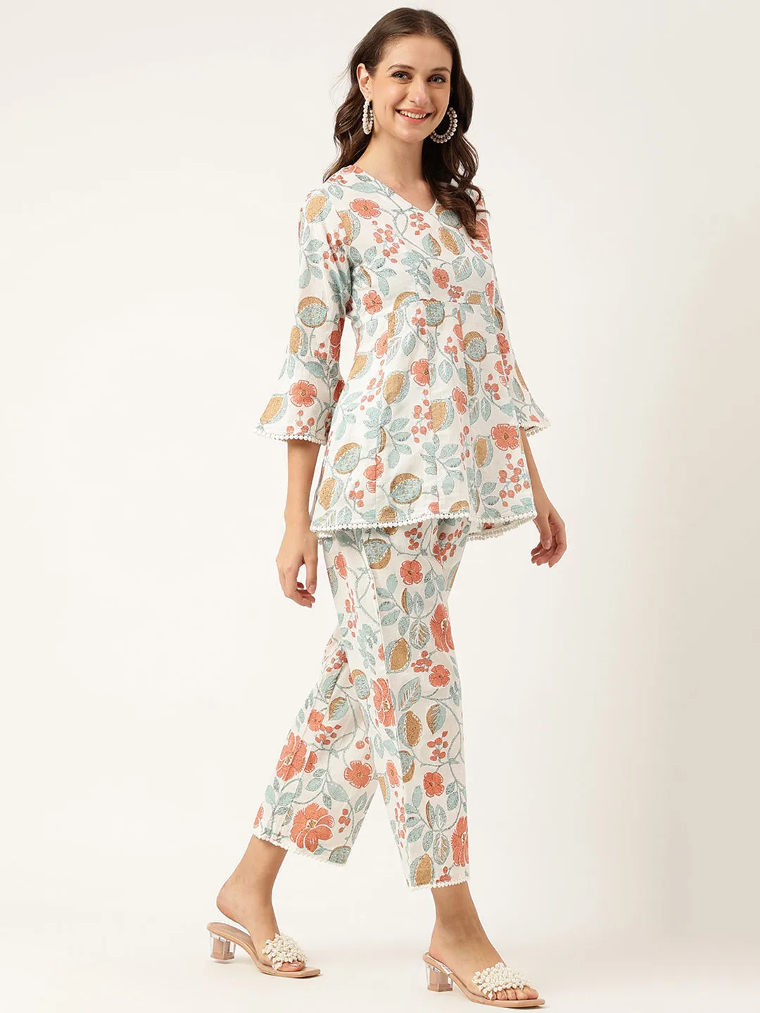 Jashvi Women Floral Printed Pure Cotton Tunic With Trousers