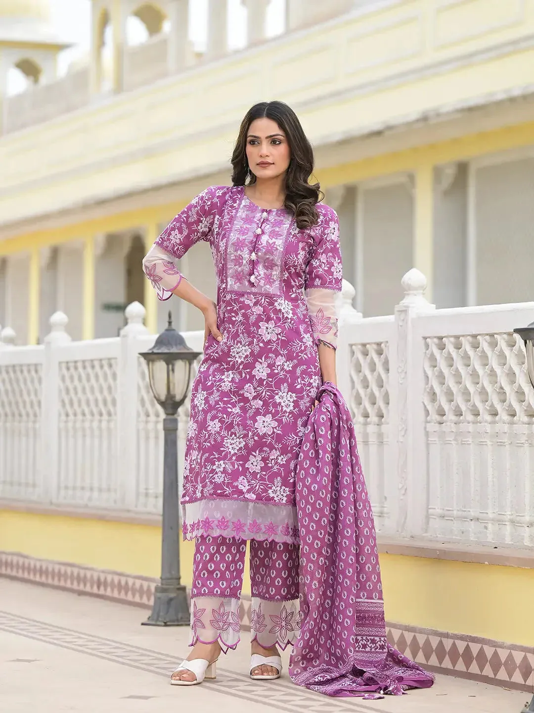 Lavender Floral Print Pakistani Style Kurta Trouser And Dupatta Set