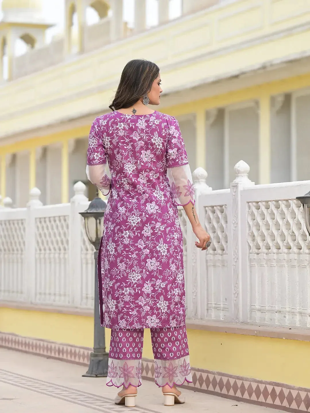 Lavender Floral Print Pakistani Style Kurta Trouser And Dupatta Set