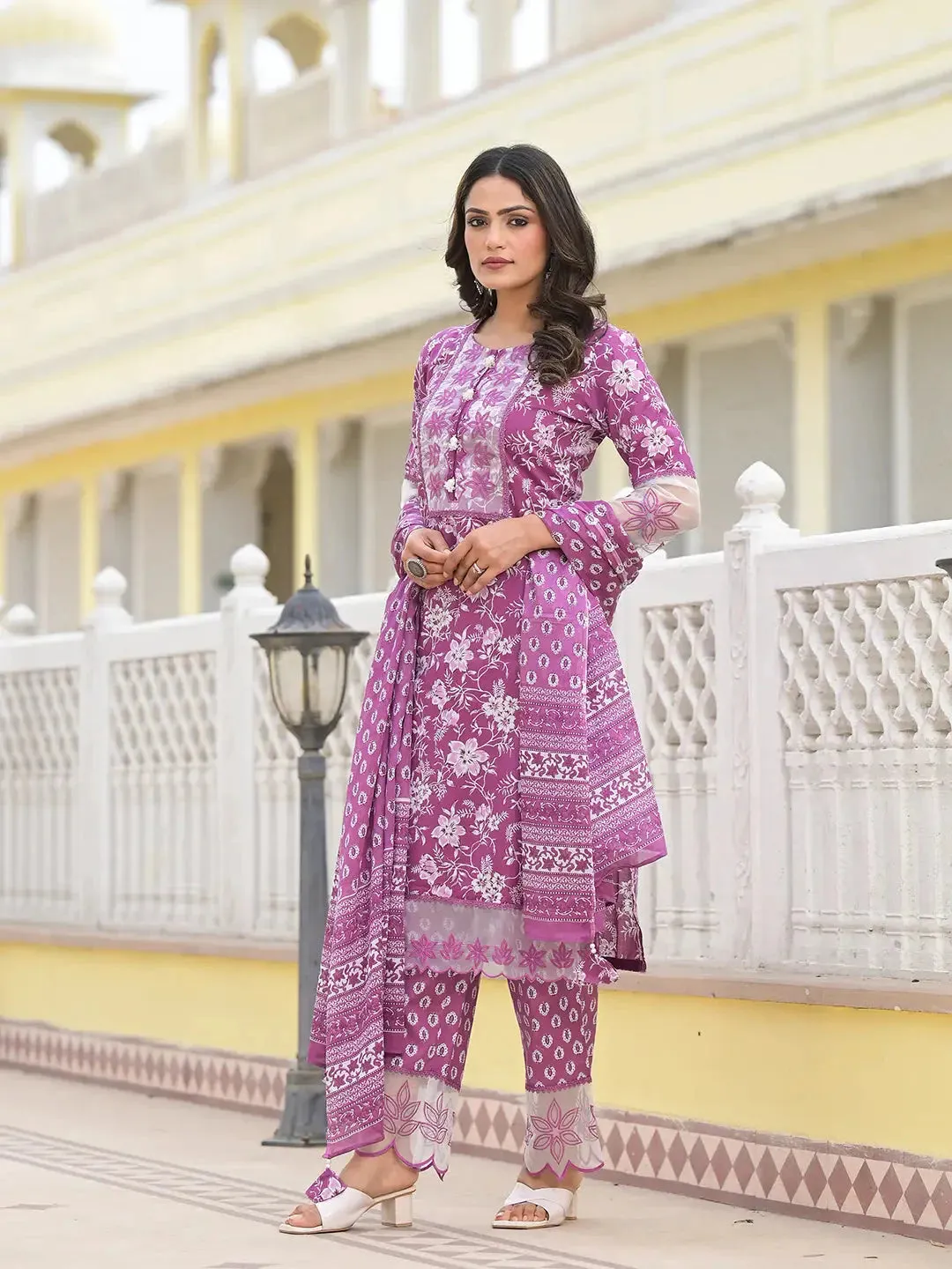 Lavender Floral Print Pakistani Style Kurta Trouser And Dupatta Set