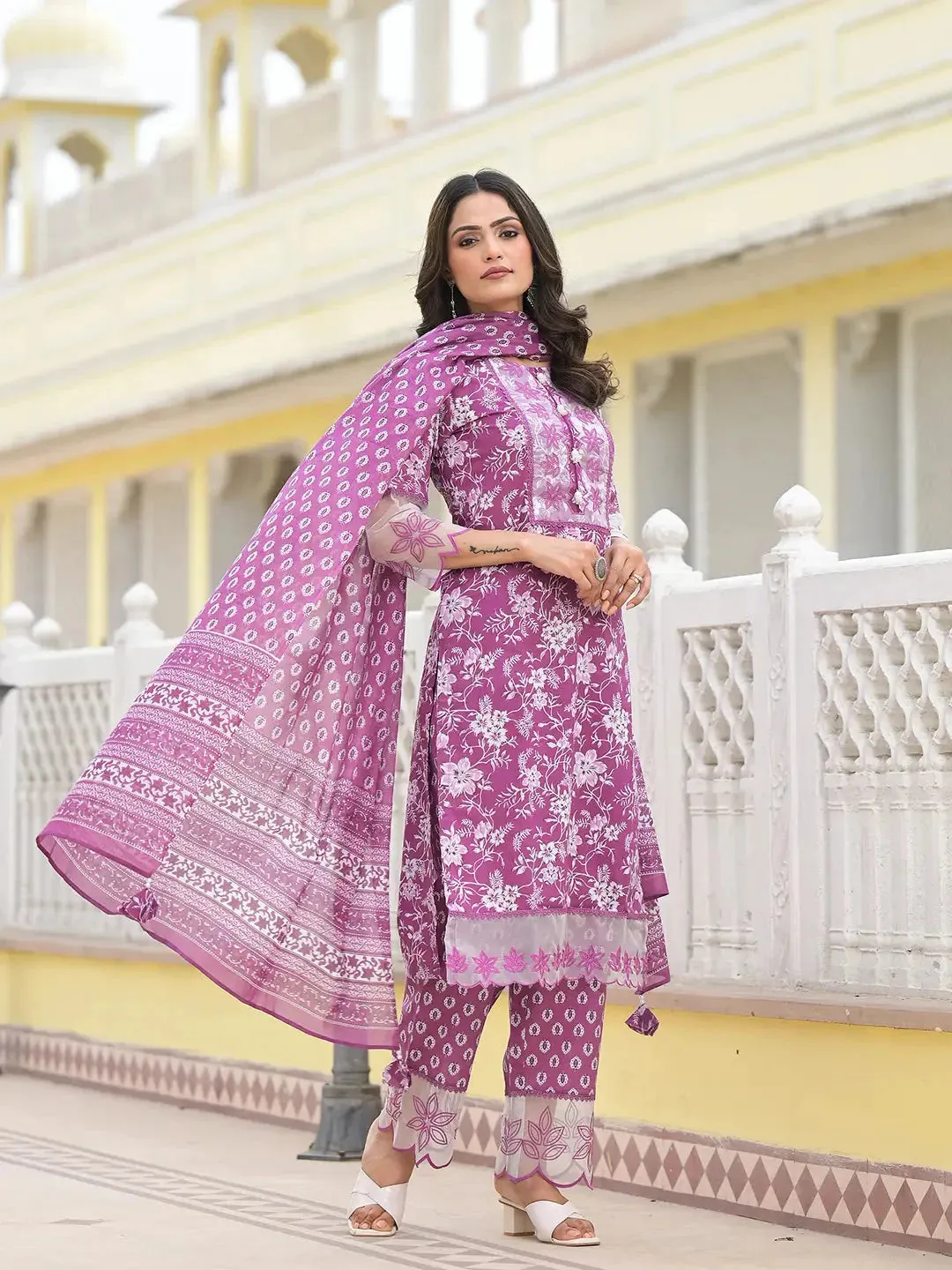 Lavender Floral Print Pakistani Style Kurta Trouser And Dupatta Set