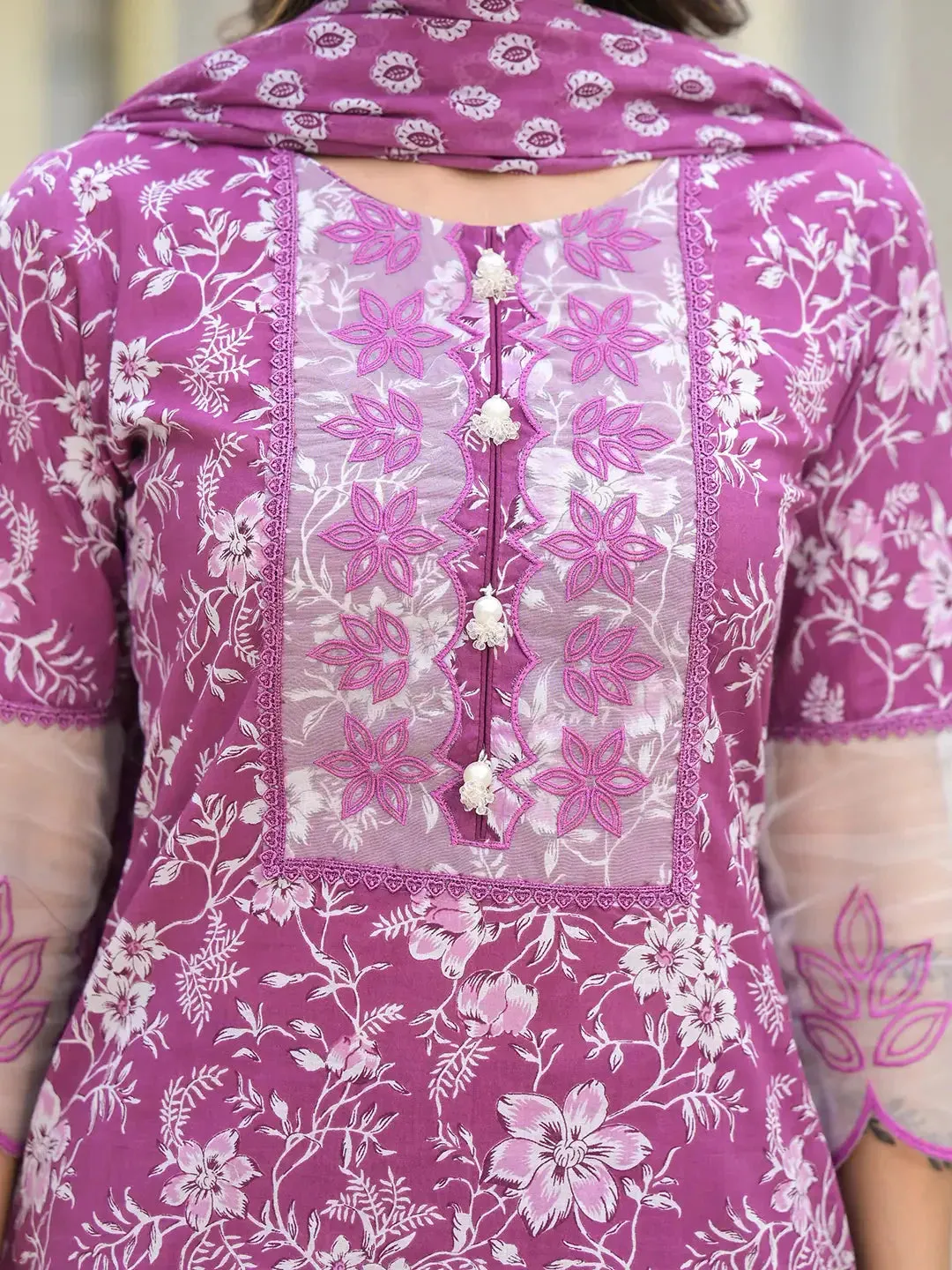 Lavender Floral Print Pakistani Style Kurta Trouser And Dupatta Set