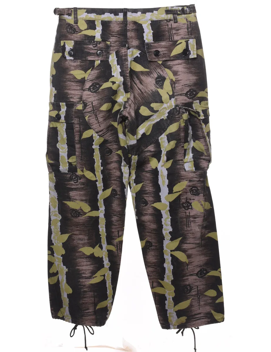 Leafy Print Y2K Style Cargo Trousers - W32 L30