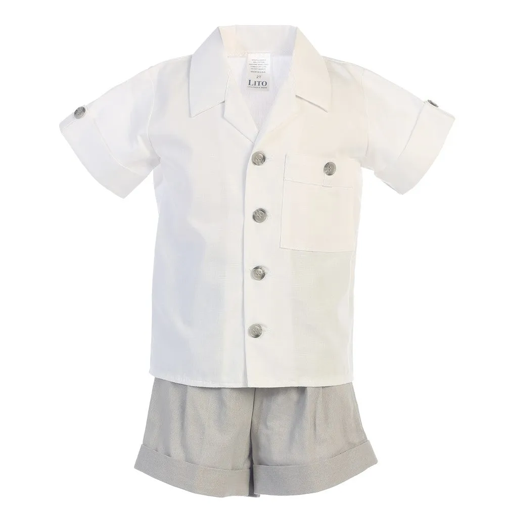 Little Boys Light Gray Poly Cotton Shirt Rayon Linen Shorts Set 2-4T