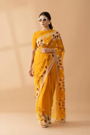 Majestic Peaks Mustard Printed Chiffon Saree