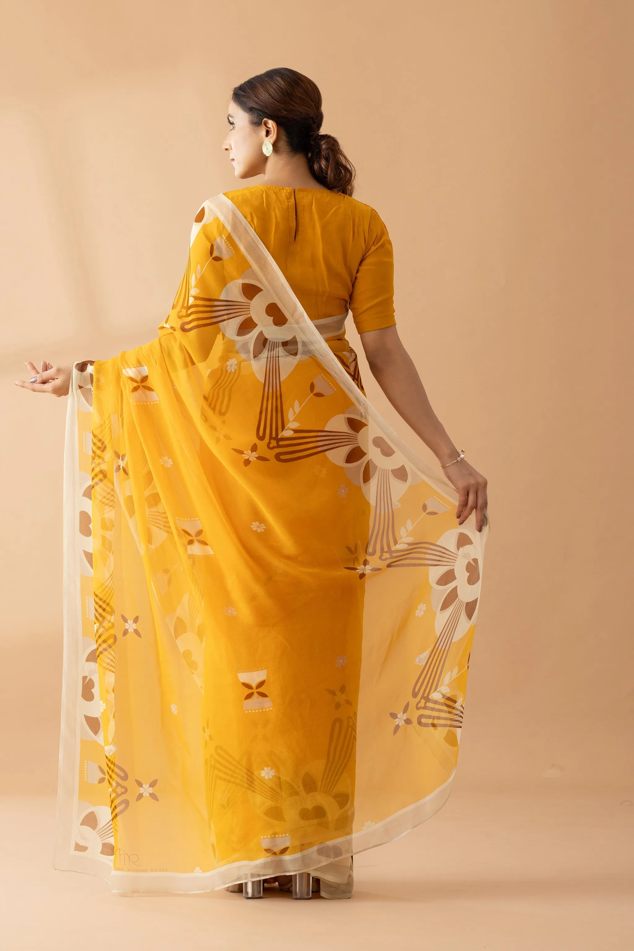 Majestic Peaks Mustard Printed Chiffon Saree