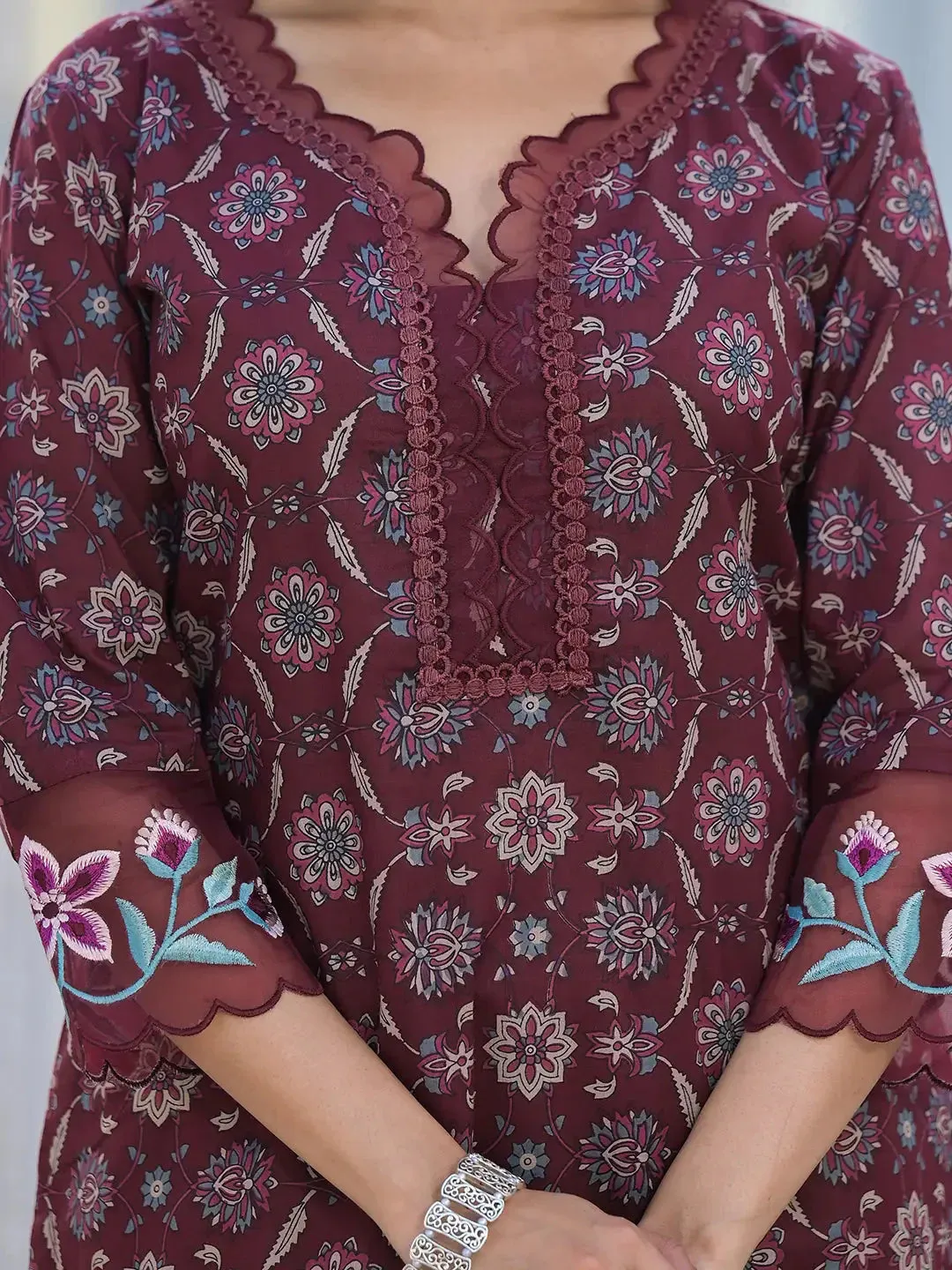 Maroon Ethnic Motifs Pakistani Style Kurta Trouser And Dupatta Set