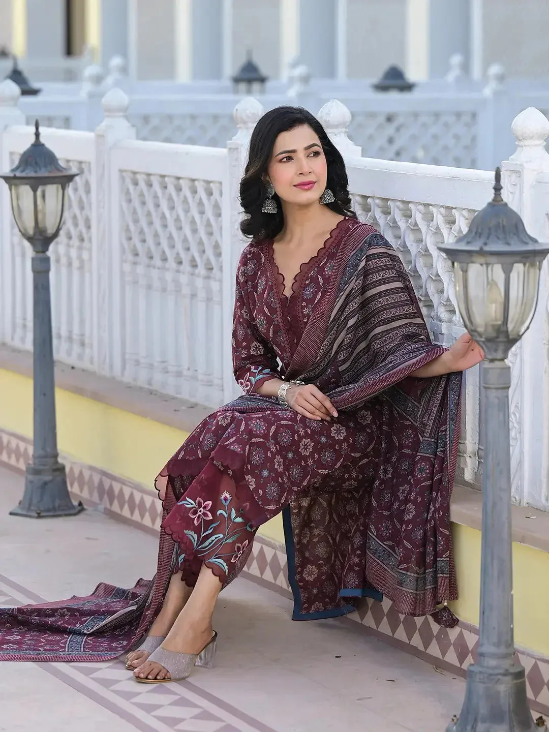 Maroon Ethnic Motifs Pakistani Style Kurta Trouser And Dupatta Set