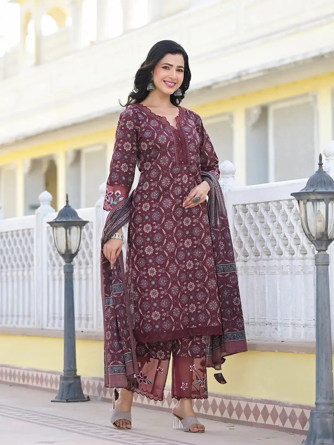 Maroon Ethnic Motifs Pakistani Style Kurta Trouser And Dupatta Set