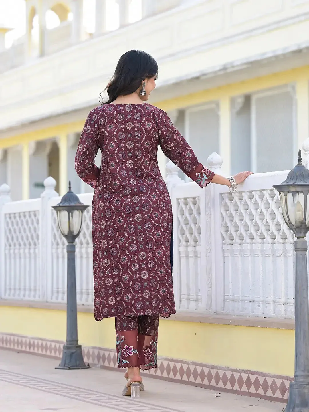 Maroon Ethnic Motifs Pakistani Style Kurta Trouser And Dupatta Set