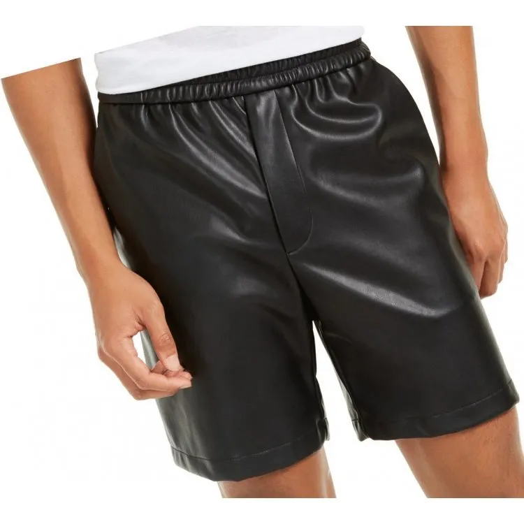 Men Casual Look Real Sheepskin Black Leather Shorts