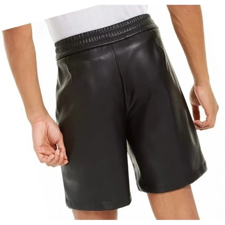 Men Casual Look Real Sheepskin Black Leather Shorts