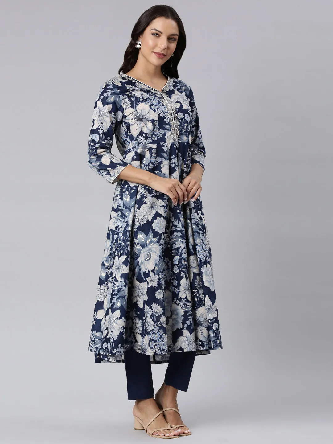 Neerus Navy Blue Panelled Printed Kurta And Trousers With Dupatta