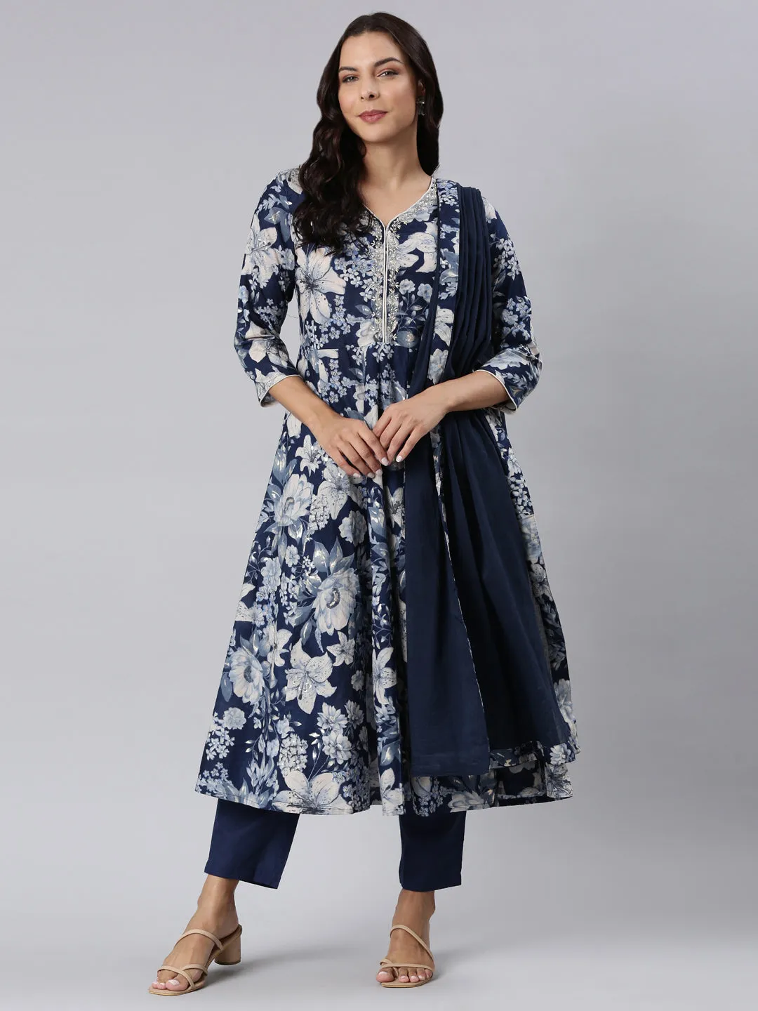 Neerus Navy Blue Panelled Printed Kurta And Trousers With Dupatta