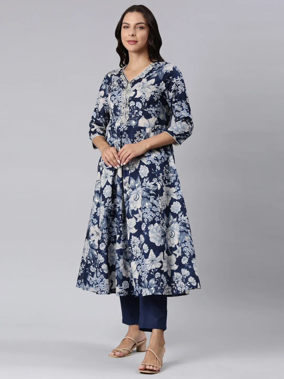 Neerus Navy Blue Panelled Printed Kurta And Trousers With Dupatta