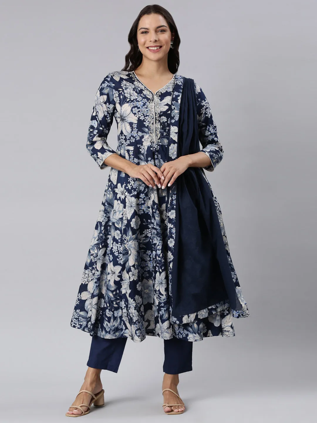 Neerus Navy Blue Panelled Printed Kurta And Trousers With Dupatta